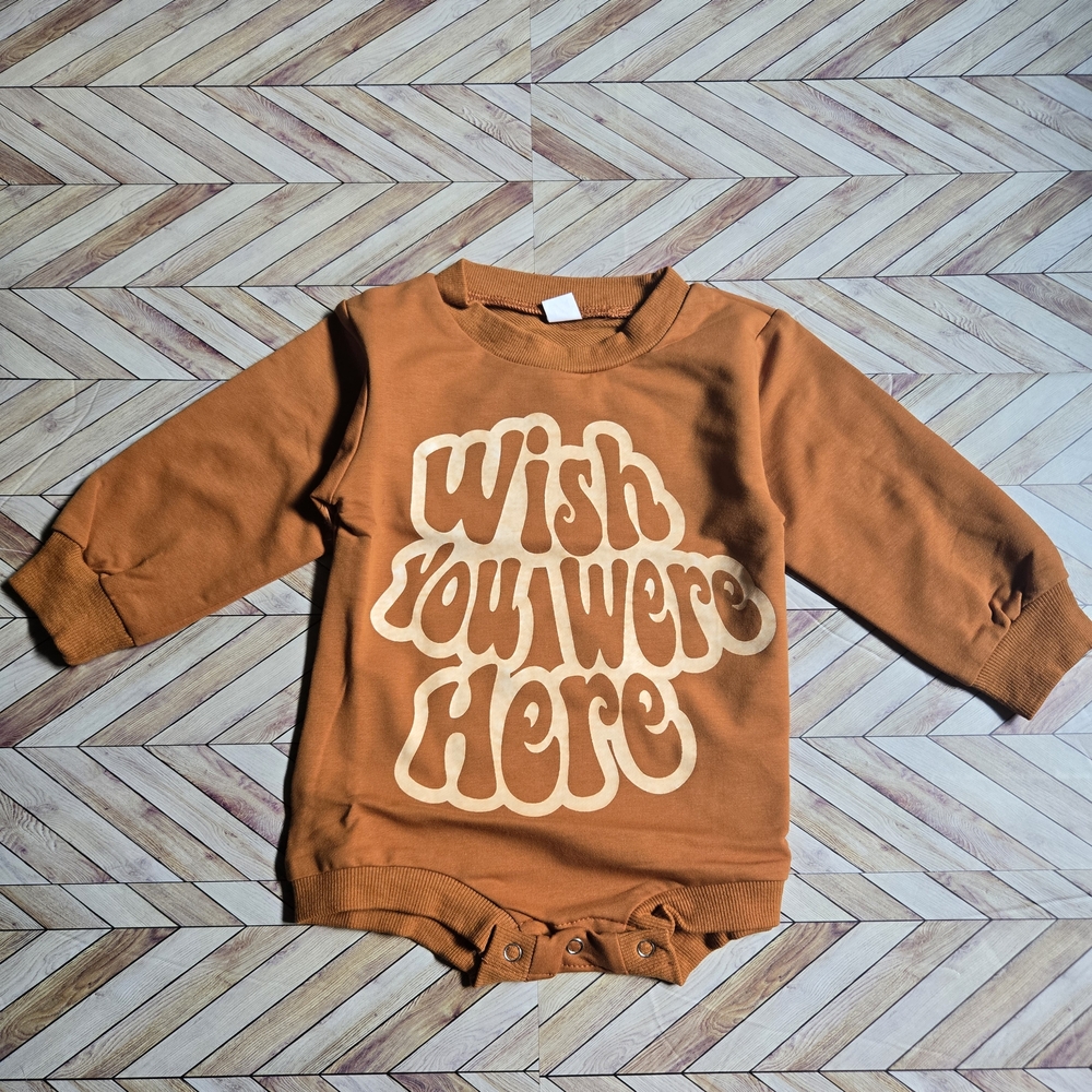 ​Groovy "Wish You Were Here" Boho Baby Romper - Burnt Orange Retro Long Sleeve
